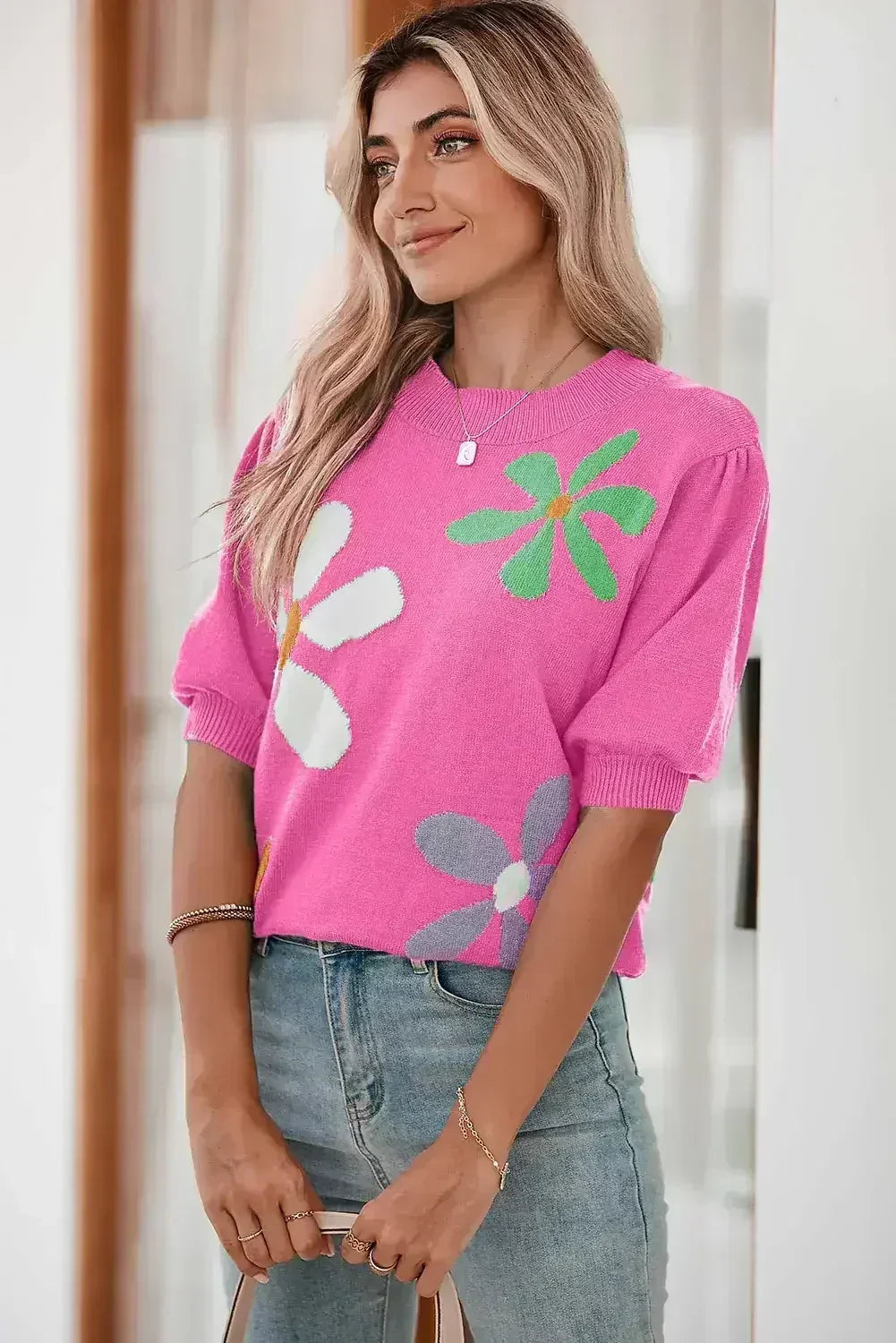 Bright Green 60s Floral Bubble Short Sleeve Knitted Top