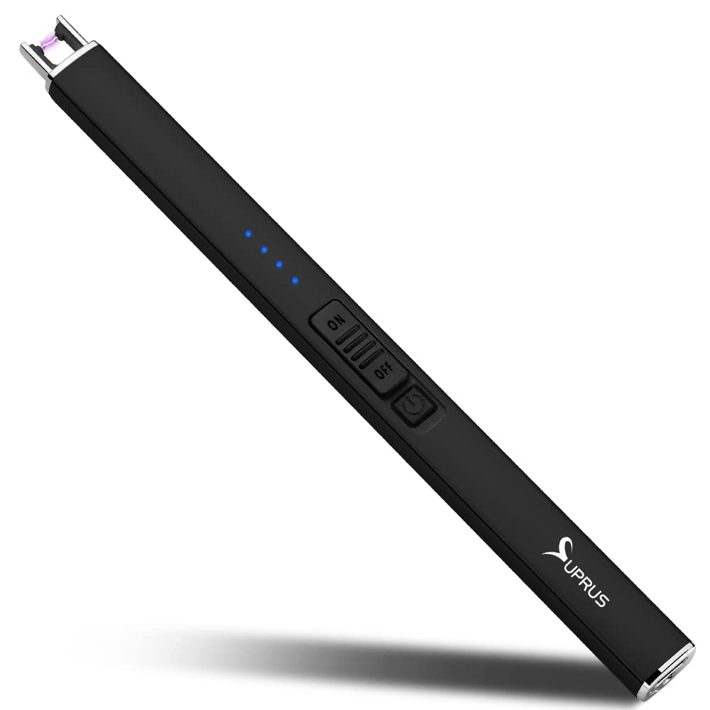 Encendedor eléctrico de arco SUPRUS, resistente al viento, sin llama, recargable por USB, con bloqueo de seguridad para vela, barbacoa, camping (Oro champán)