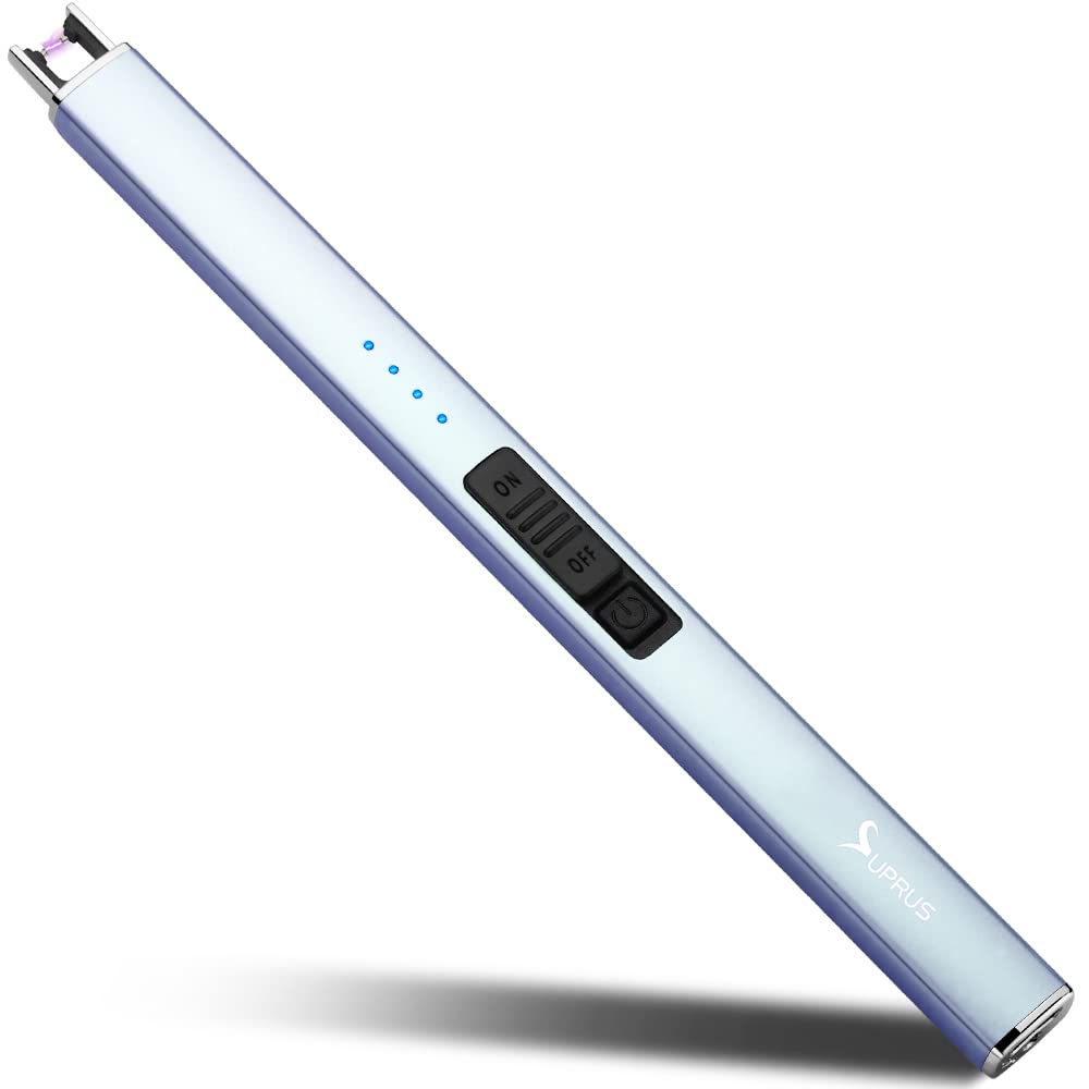 Encendedor eléctrico de arco SUPRUS, resistente al viento, sin llama, recargable por USB, con bloqueo de seguridad para vela, barbacoa, camping (Oro champán)