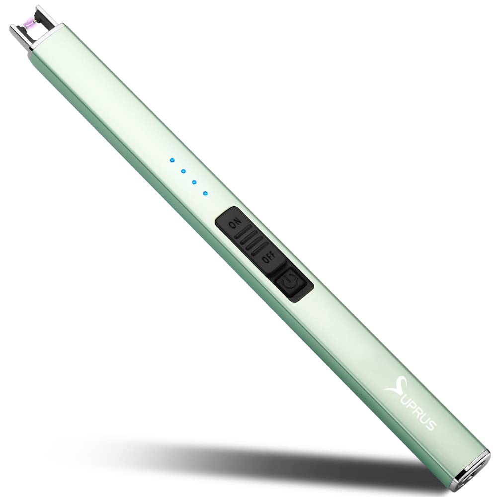Encendedor eléctrico de arco SUPRUS, resistente al viento, sin llama, recargable por USB, con bloqueo de seguridad para vela, barbacoa, camping (Oro champán)
