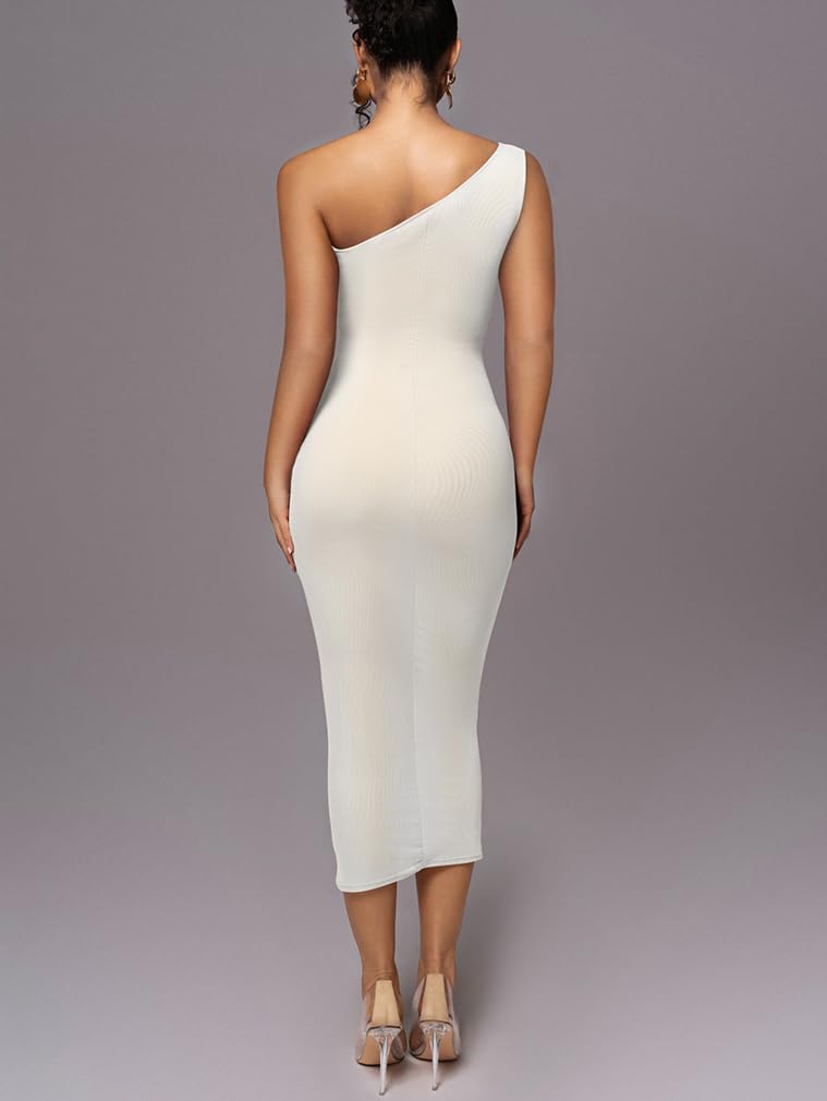 LAGSHIAN Women's Sexy Bodycon One Shoulder Mesh Ruched Midi Dress White Size S