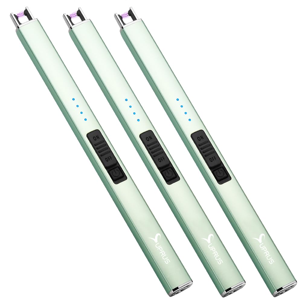 Encendedor eléctrico de arco SUPRUS, resistente al viento, sin llama, recargable por USB, con bloqueo de seguridad para vela, barbacoa, camping (Oro champán)