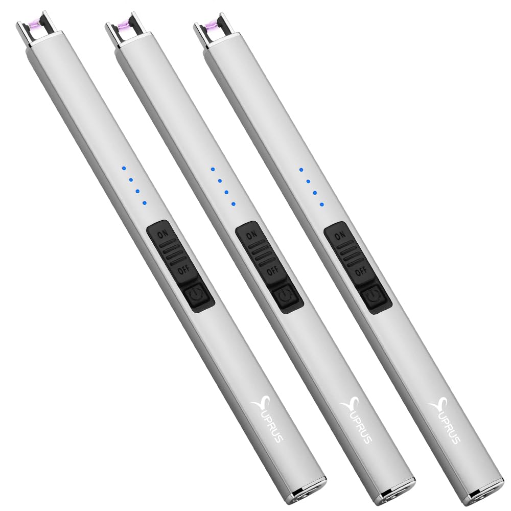 Encendedor eléctrico de arco SUPRUS, resistente al viento, sin llama, recargable por USB, con bloqueo de seguridad para vela, barbacoa, camping (Oro champán)