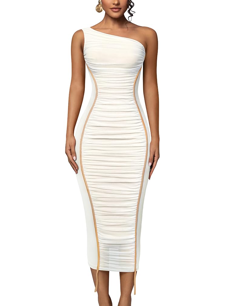 LAGSHIAN Women's Sexy Bodycon One Shoulder Mesh Ruched Midi Dress White Size S