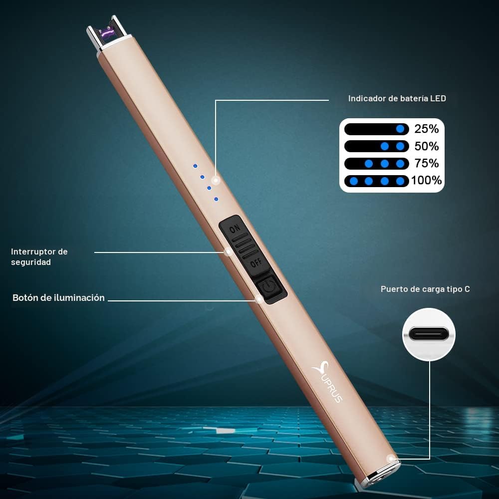Encendedor eléctrico de arco SUPRUS, resistente al viento, sin llama, recargable por USB, con bloqueo de seguridad para vela, barbacoa, camping (Oro champán)