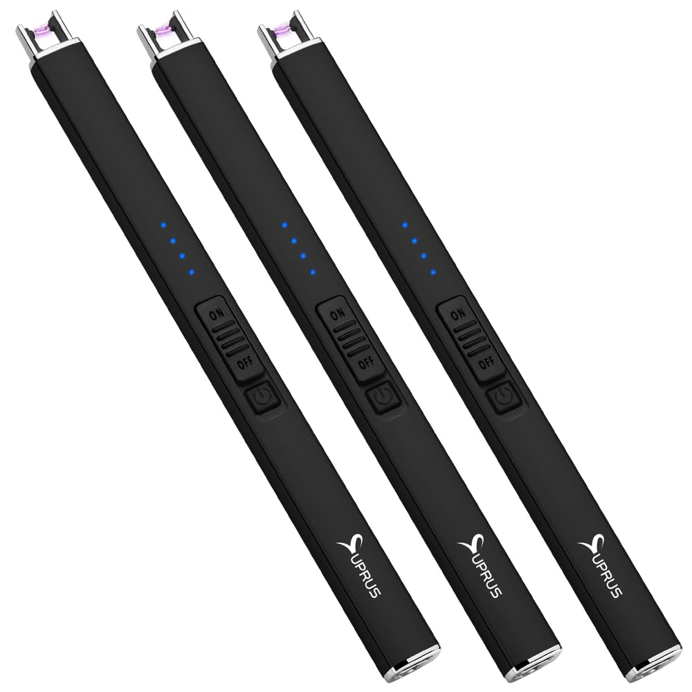 Encendedor eléctrico de arco SUPRUS, resistente al viento, sin llama, recargable por USB, con bloqueo de seguridad para vela, barbacoa, camping (Oro champán)