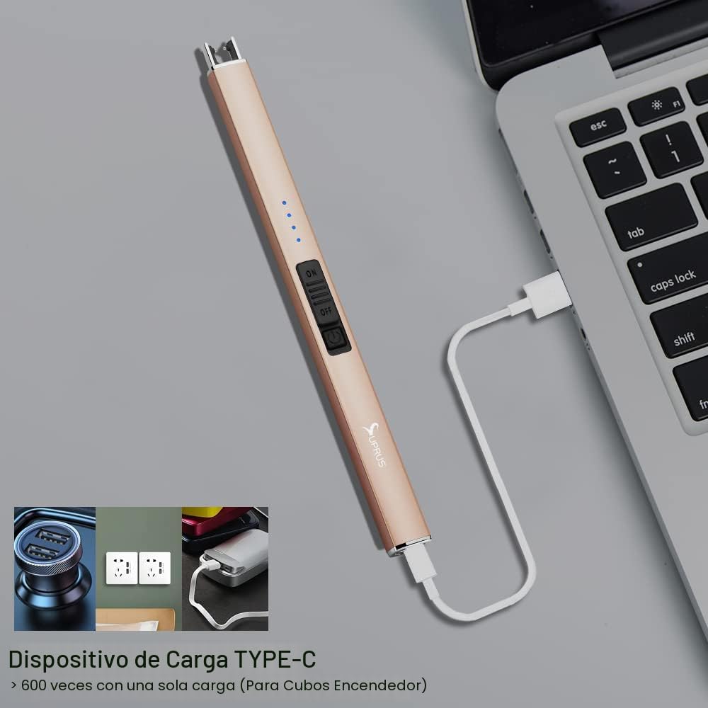 Encendedor eléctrico de arco SUPRUS, resistente al viento, sin llama, recargable por USB, con bloqueo de seguridad para vela, barbacoa, camping (Oro champán)