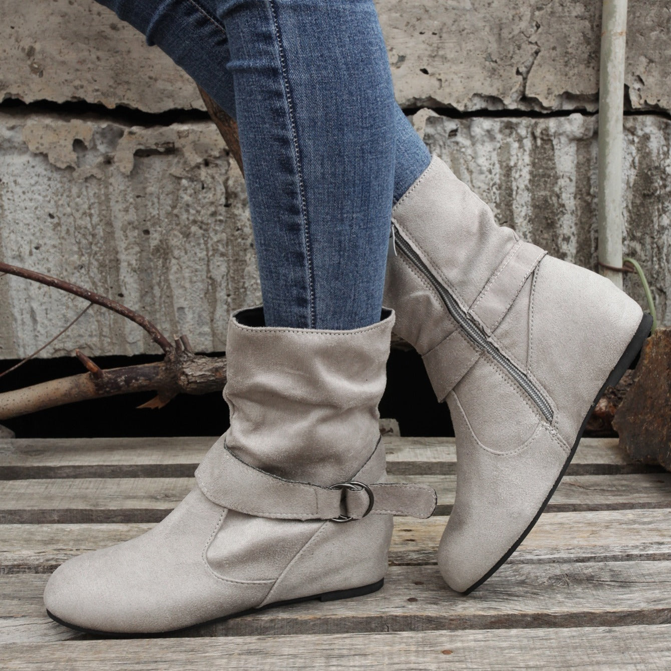 Ankle Boots  Round Toe Buckle Belt Side Zipper Boots