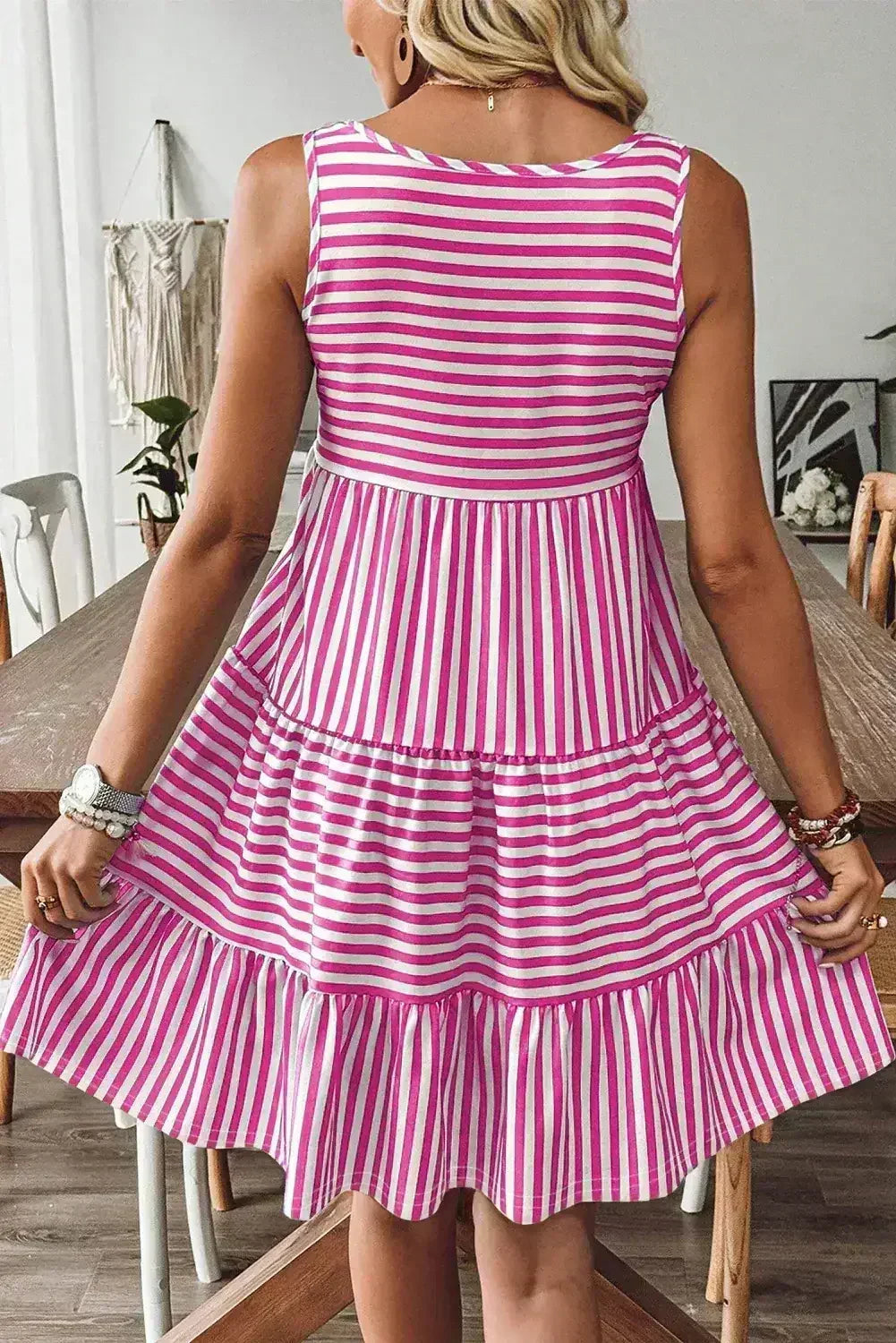 Black Stripe U Neck Sleeveless Loose Fit Mini Dress