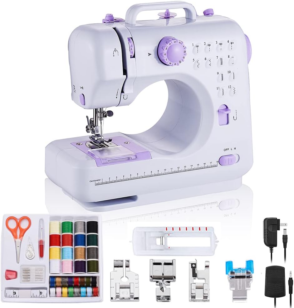 Rxmeili Máquina de coser portátil mini, máquina de coser eléctrica para principiantes, 12 puntadas integradas, 2 velocidades con pedal, luz, cajón de almacenamiento.