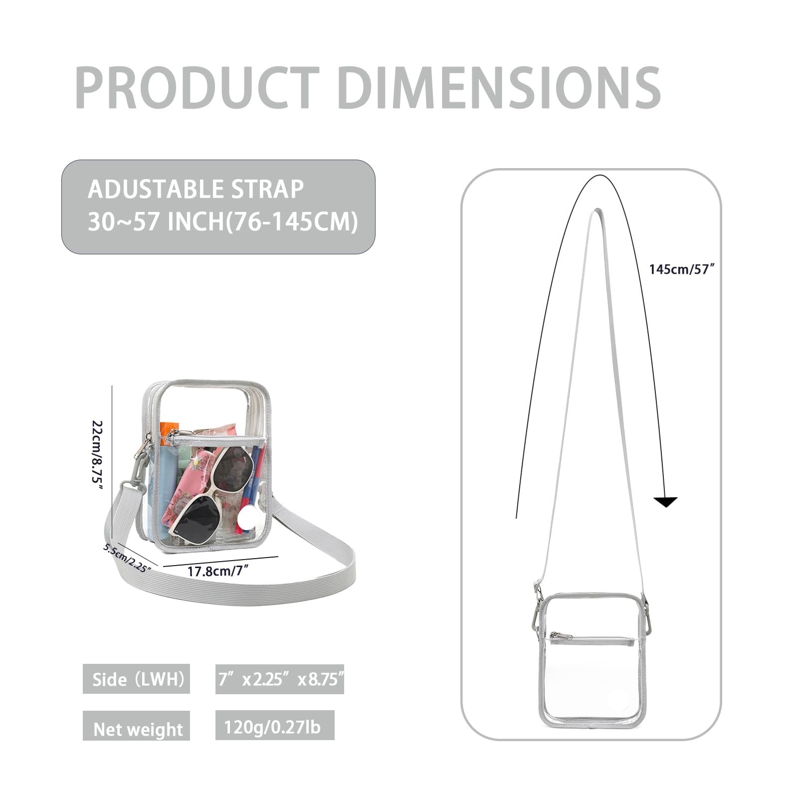 FARMARK Clear Stadium Approved Crossbody Bag Small Grey 6.7x2.4x8.7in