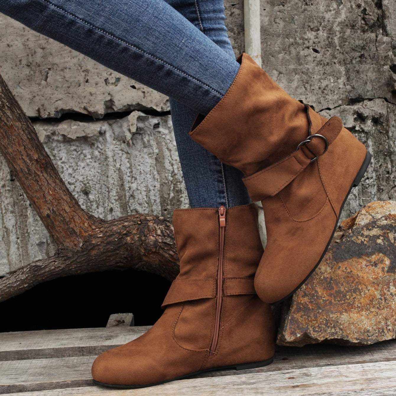 Ankle Boots  Round Toe Buckle Belt Side Zipper Boots