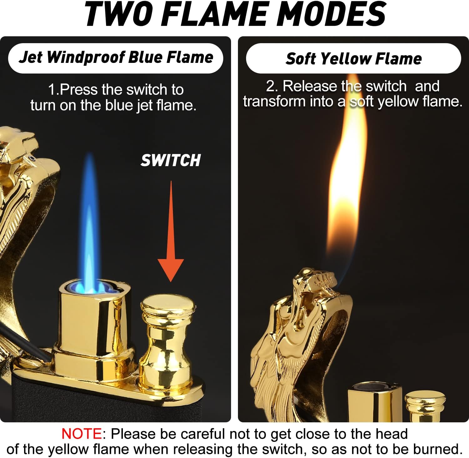 Encendedor mágico de dragón de doble llama, soplete recargable de butano con chorro intercambiable a prueba de viento y fuego suave, regalo creativo de doble llama para hombres (negro, sin gas)