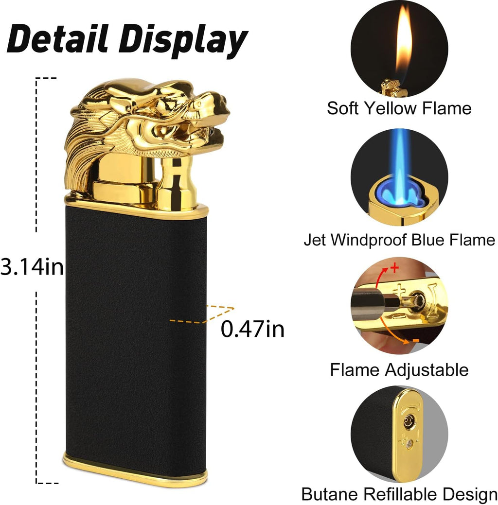 Encendedor mágico de dragón de doble llama, soplete recargable de butano con chorro intercambiable a prueba de viento y fuego suave, regalo creativo de doble llama para hombres (negro, sin gas)