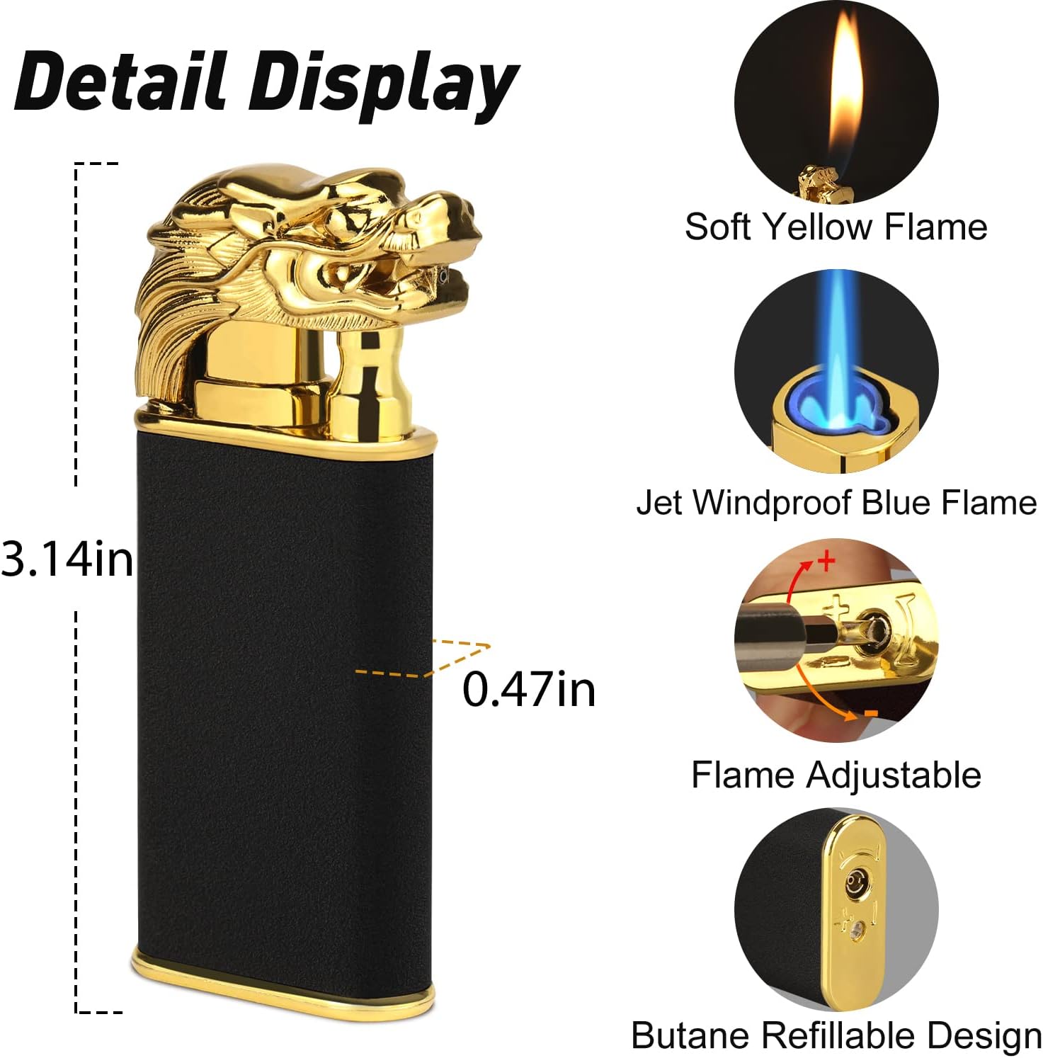 Encendedor mágico de dragón de doble llama, soplete recargable de butano con chorro intercambiable a prueba de viento y fuego suave, regalo creativo de doble llama para hombres (negro, sin gas)