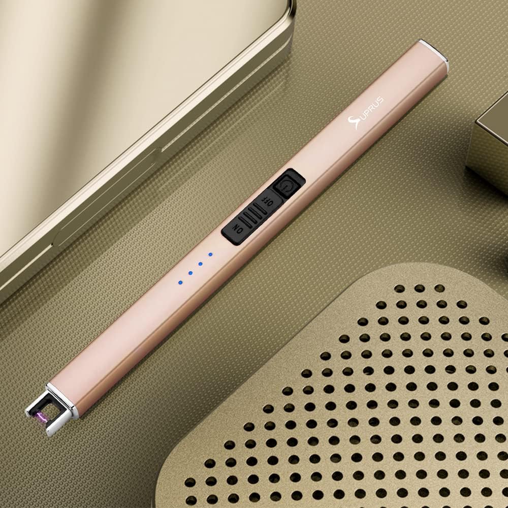 Encendedor eléctrico de arco SUPRUS, resistente al viento, sin llama, recargable por USB, con bloqueo de seguridad para vela, barbacoa, camping (Oro champán)