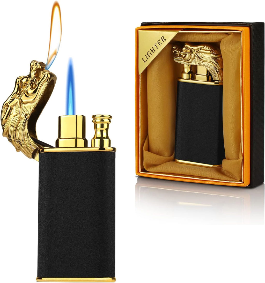 Encendedor mágico de dragón de doble llama, soplete recargable de butano con chorro intercambiable a prueba de viento y fuego suave, regalo creativo de doble llama para hombres (negro, sin gas)