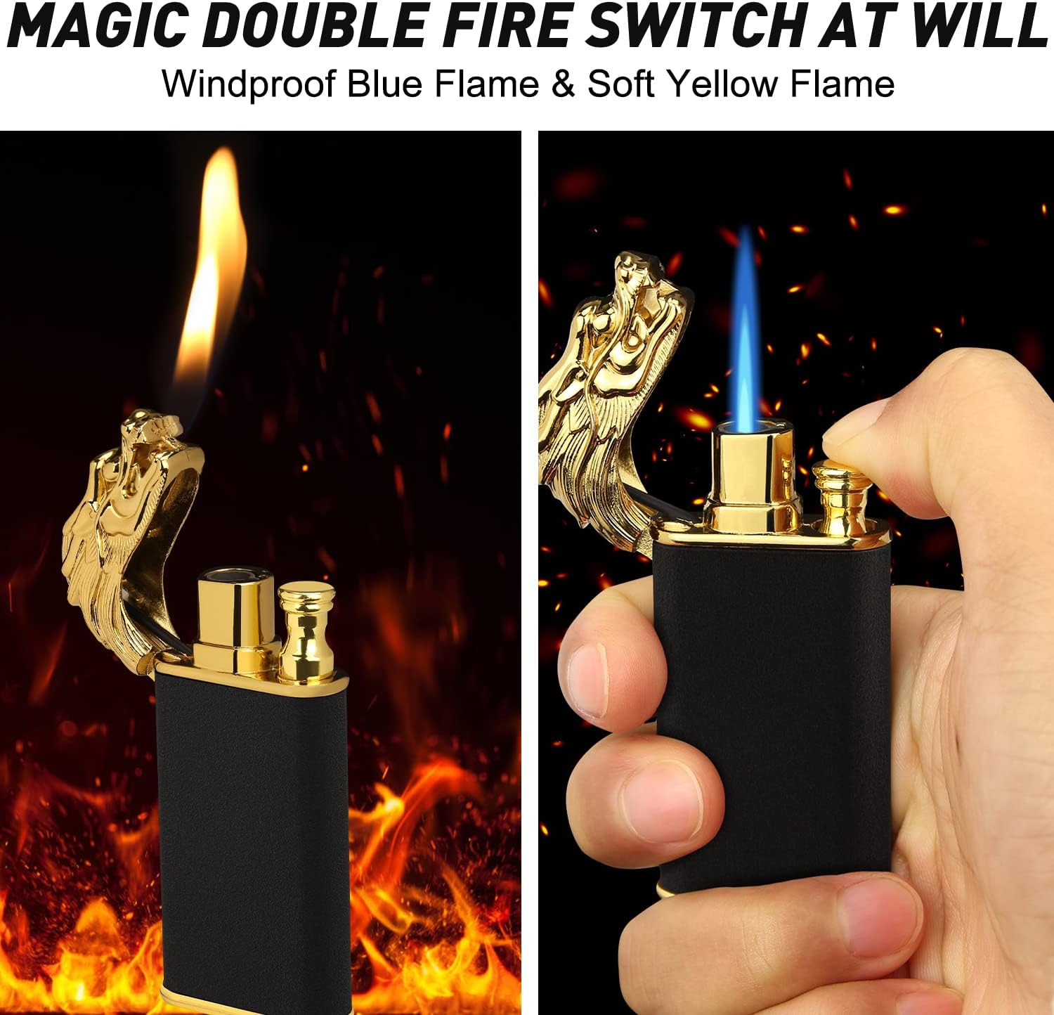 Encendedor mágico de dragón de doble llama, soplete recargable de butano con chorro intercambiable a prueba de viento y fuego suave, regalo creativo de doble llama para hombres (negro, sin gas)