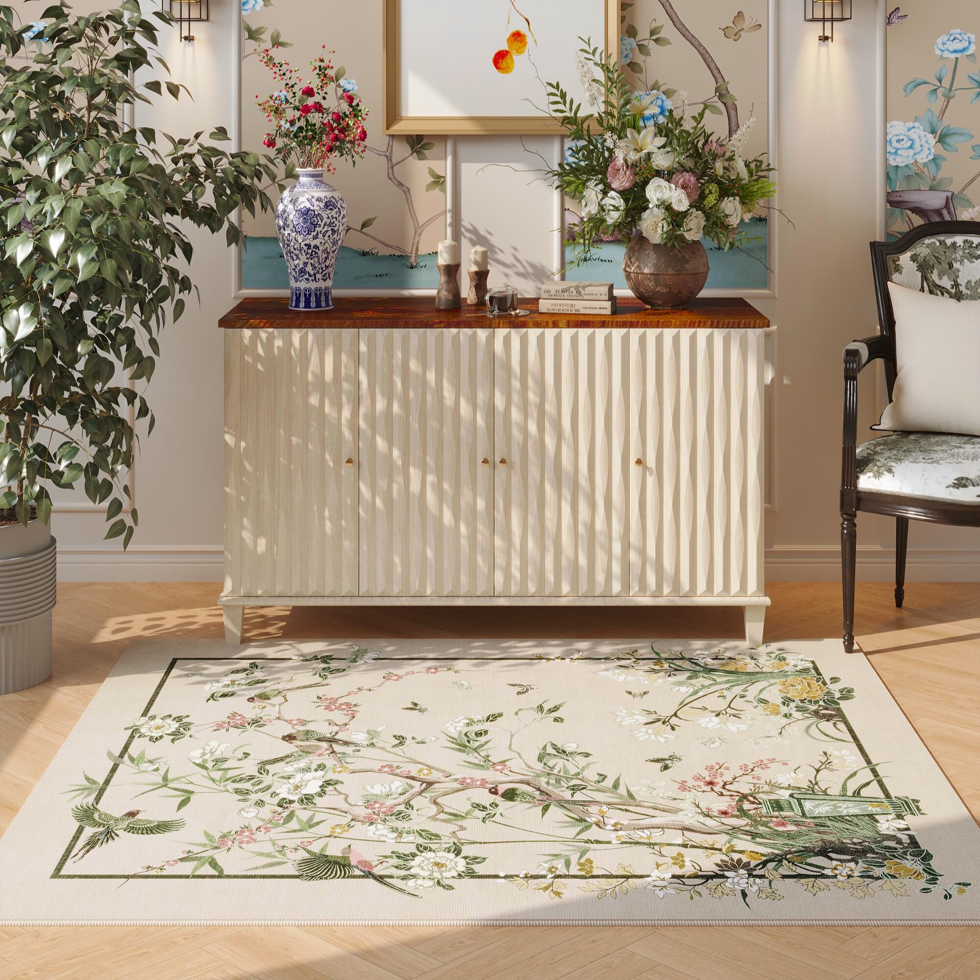 Vowkten Indoor Door Mat 2x3 Pink Floral Vintage Non-Slip Low Pile Rug
