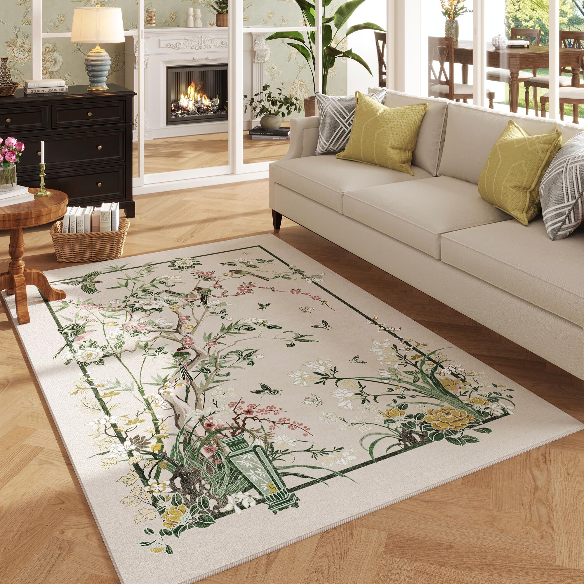 Vowkten Indoor Door Mat 2x3 Pink Floral Vintage Non-Slip Low Pile Rug