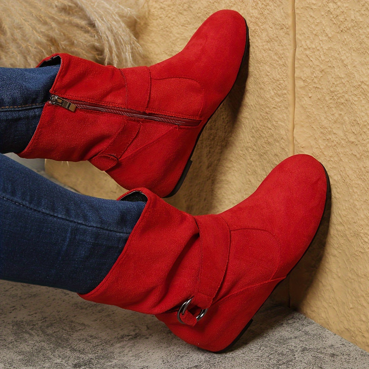 Ankle Boots  Round Toe Buckle Belt Side Zipper Boots