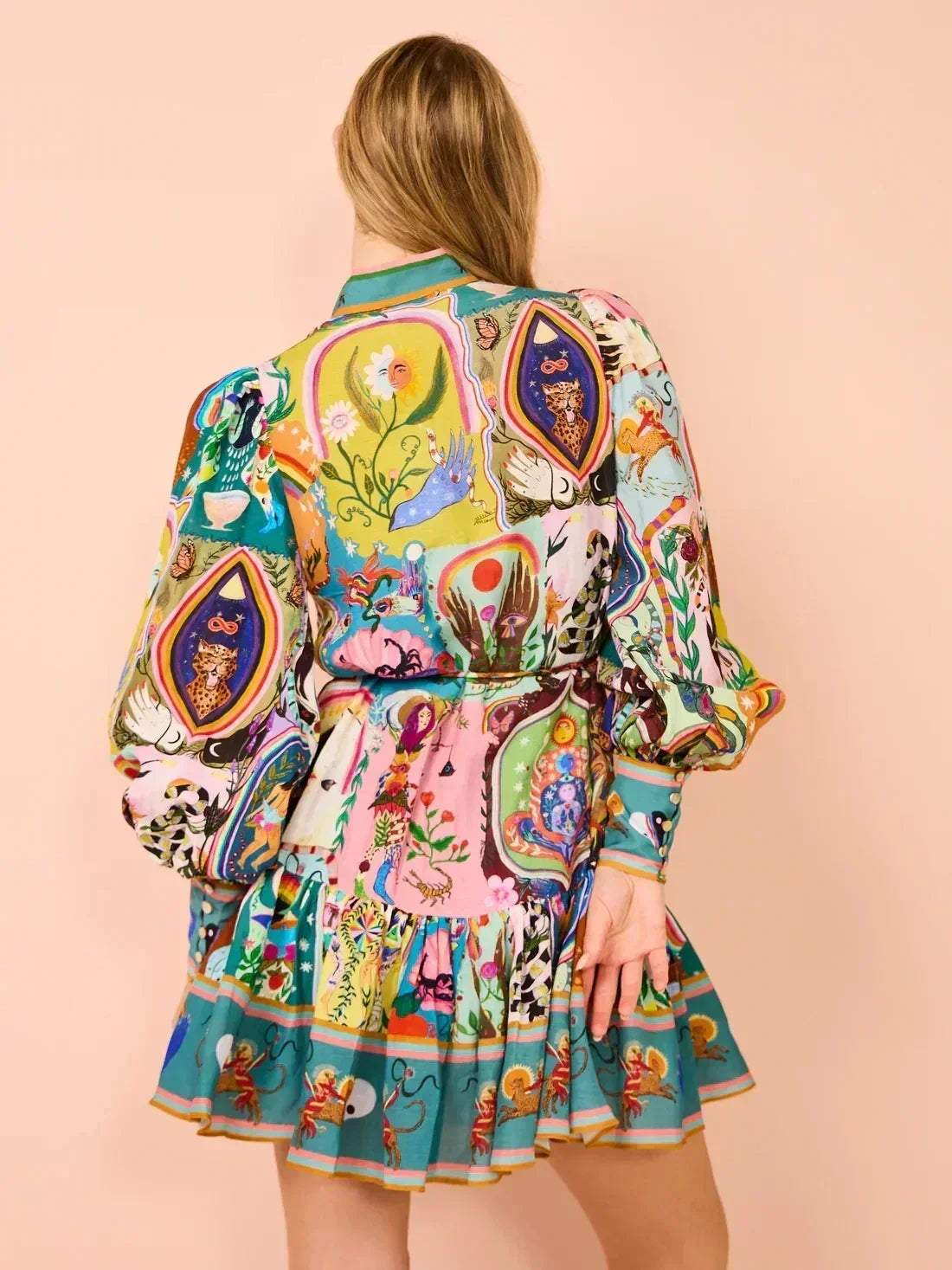 2025 printed round neck cinched waist strap pleated ruffle edge retro pleated dress cardigan temperament versatile dress