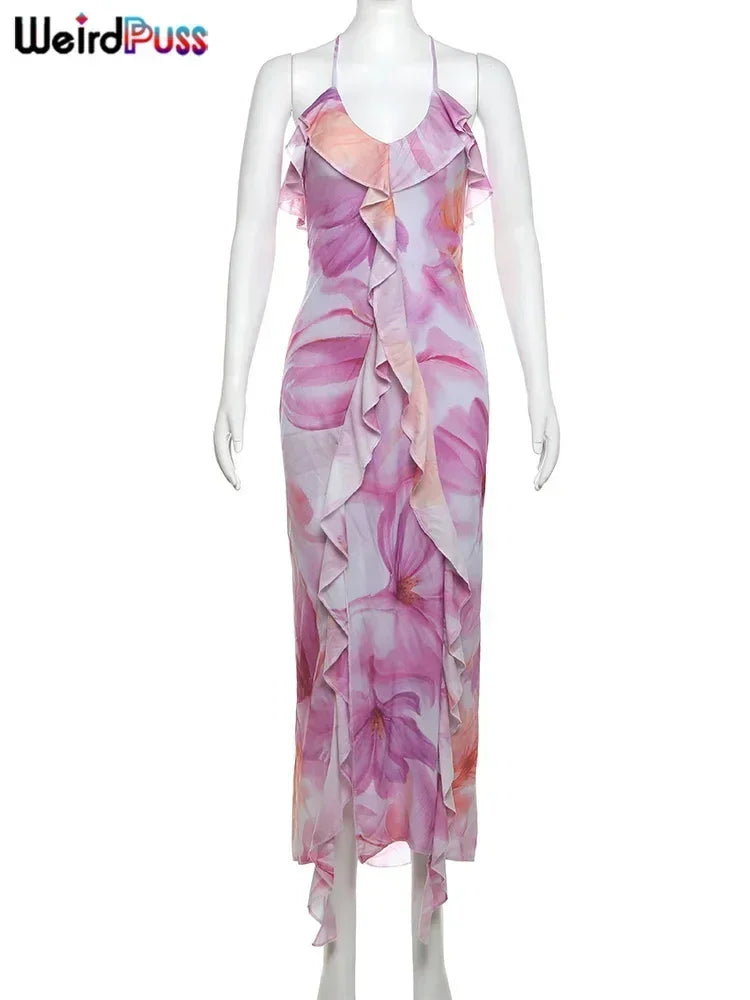 Weird Puss Flower Print Dress Woman Summer Strapless Splits Irregular Tassel Patchwork Backless Bandage Party Skinny Vestidos