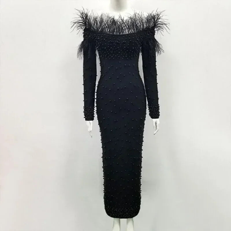 Beaded Sheath Sexy Dress Women Sexy Slash Collar Bodycon Midi Dress Solid High Waist Trend Off Shoulder Sheath Party Dresses