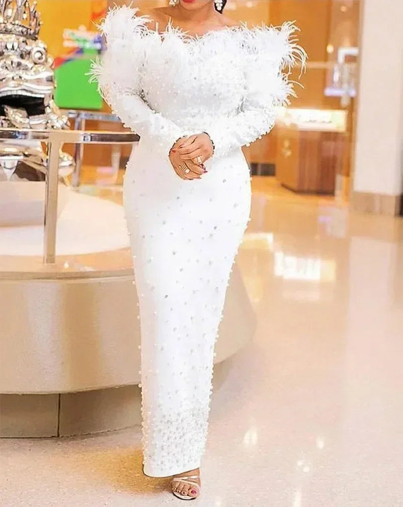 Beaded Sheath Sexy Dress Women Sexy Slash Collar Bodycon Midi Dress Solid High Waist Trend Off Shoulder Sheath Party Dresses