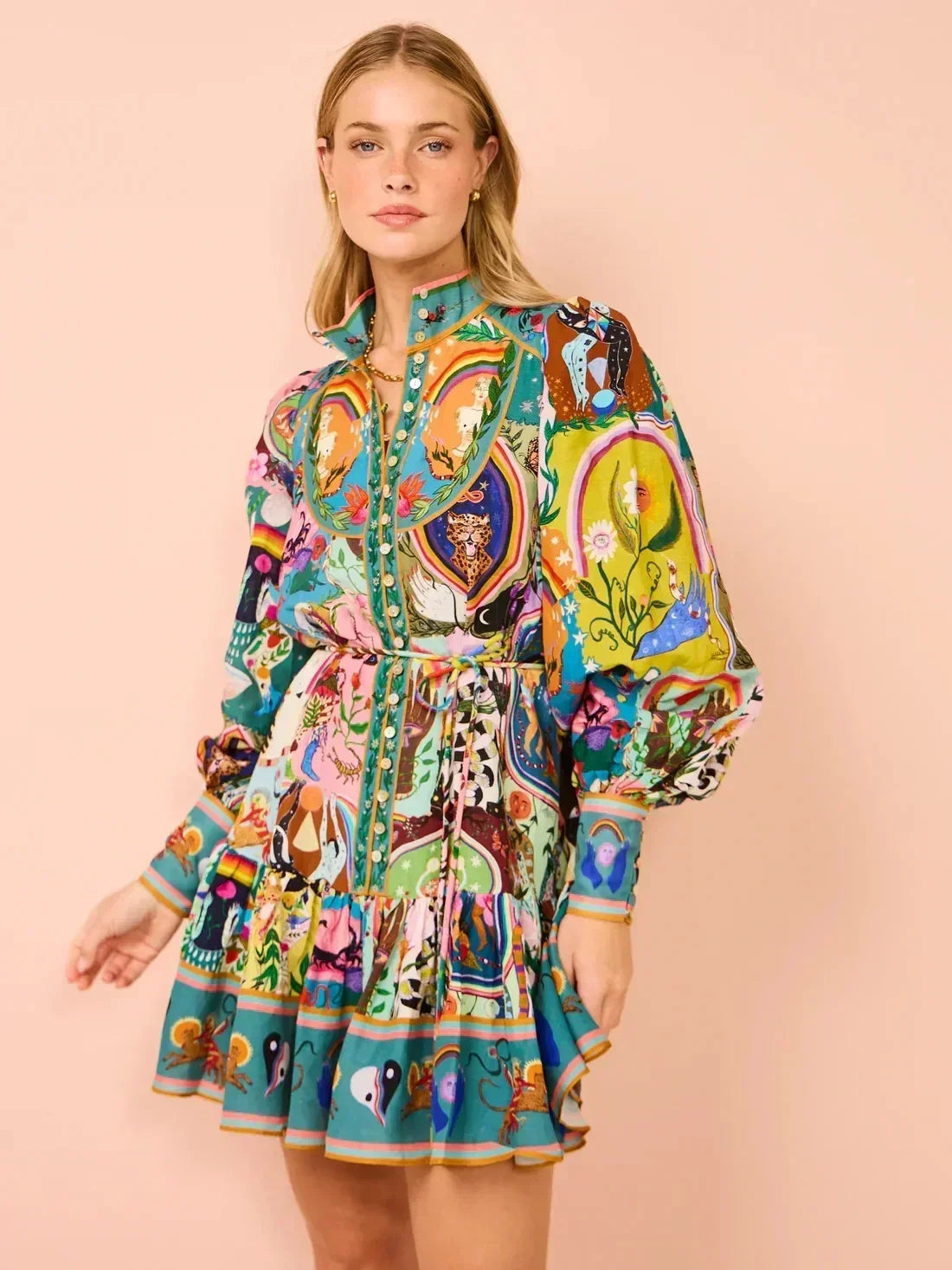 2025 printed round neck cinched waist strap pleated ruffle edge retro pleated dress cardigan temperament versatile dress
