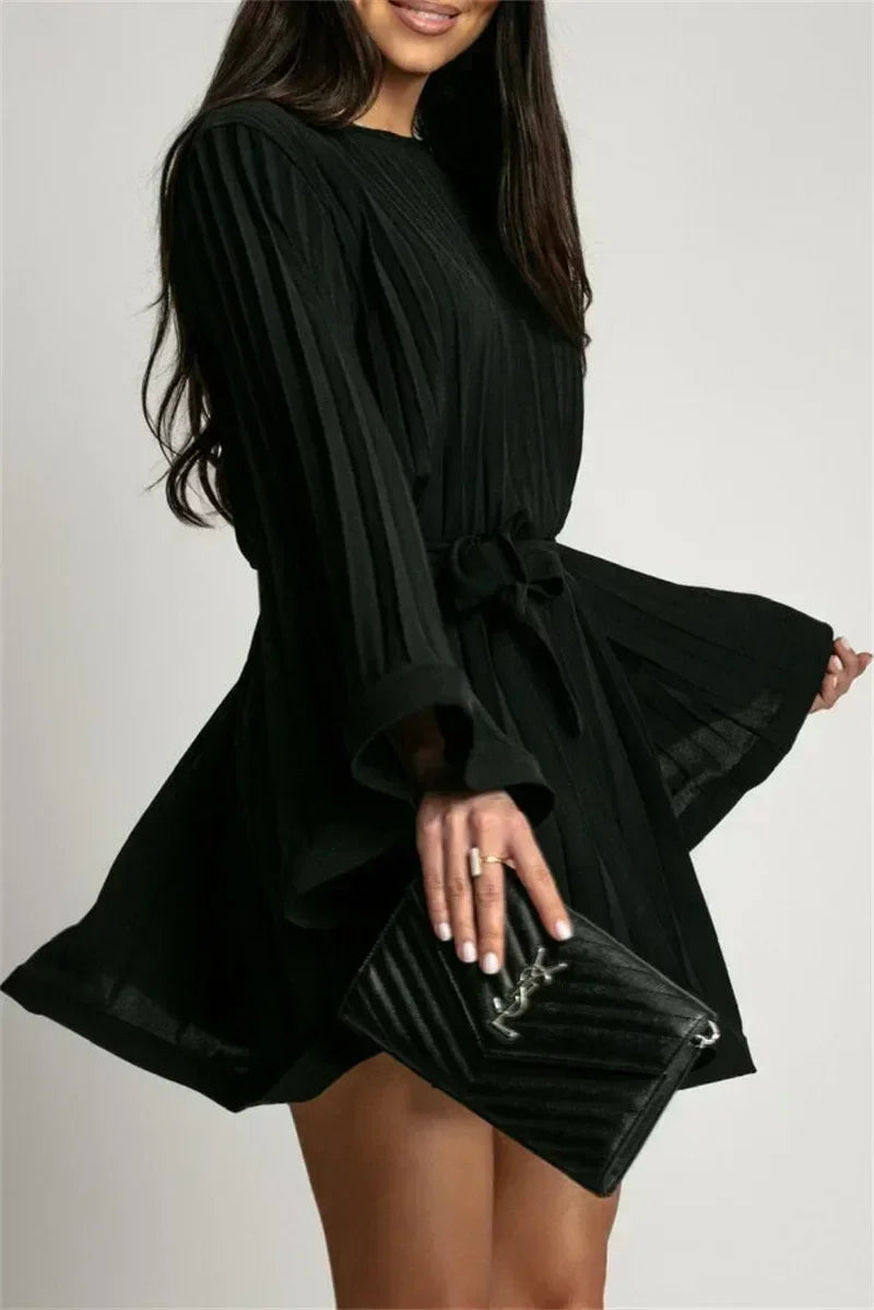 2025 Elegant Pleated Mini Dress - Flared Sleeve Lace-Up Summer Dress | Femstylo