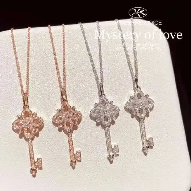925 Sterling Silver Pave Crystal Vintage Key Pendant 14k Gold Plating Necklace Women Light Luxury Temperament Dress Jewelry