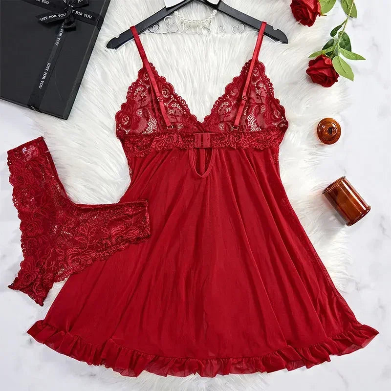 2 Pcs Set Sexy Lingerie Set Women Deep V Slip Dress Thong Erotic Bra Panty Sets Lace Nightdress Transparent Soft Nightgown
