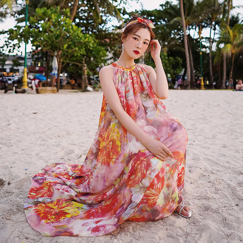Bohemian Floral Chiffon Maxi Dress for Plus Size