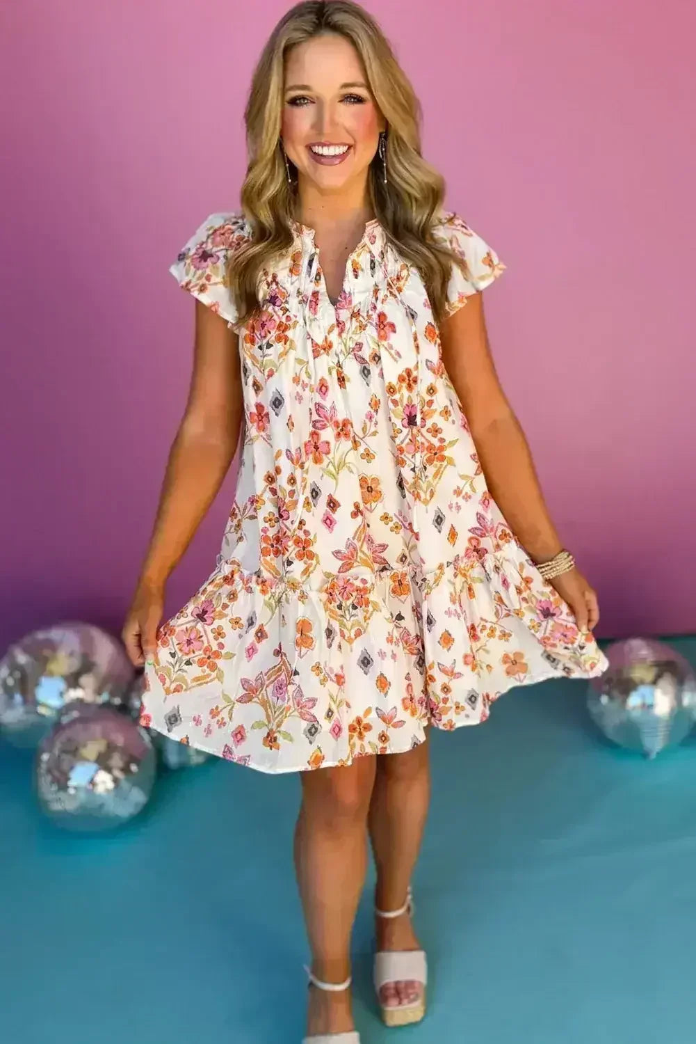 Apricot Floral Print Ruffled Trim Flutter Sleeve Mini Dress
