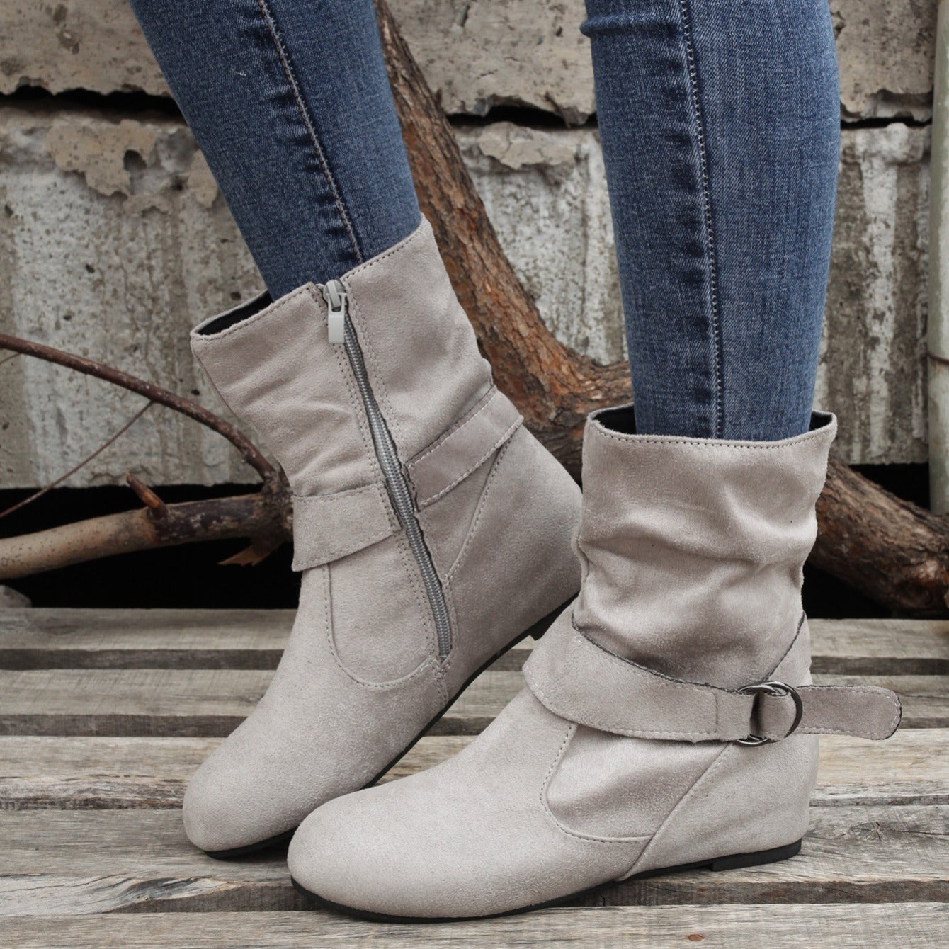 Ankle Boots  Round Toe Buckle Belt Side Zipper Boots