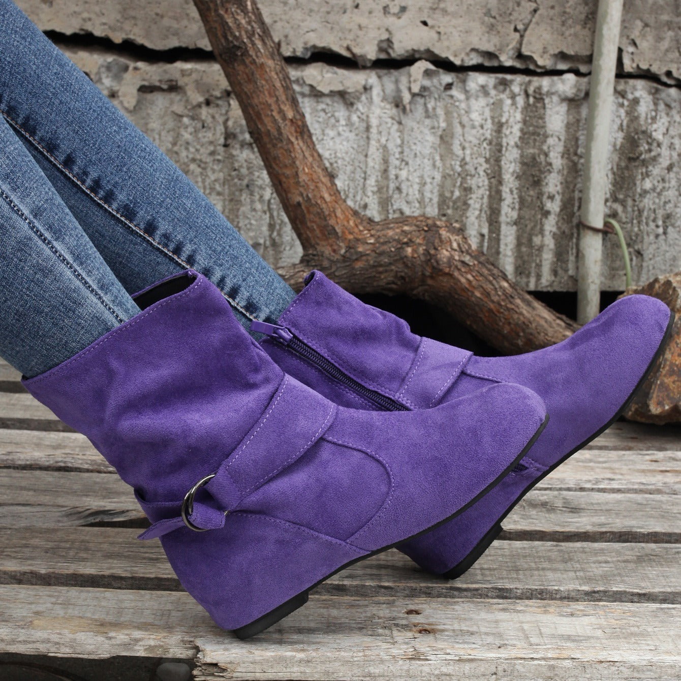 Ankle Boots  Round Toe Buckle Belt Side Zipper Boots