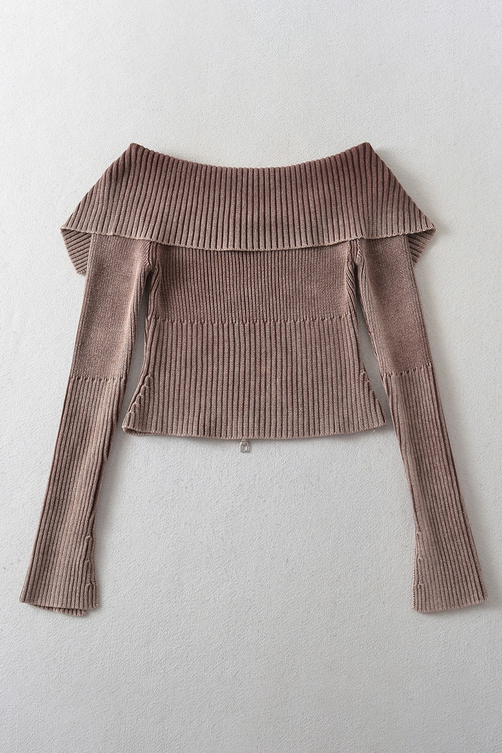 Back To School Sweater - Double Take Ribbed Off-Shoulder Zip Up Long Sleeve Cardigan