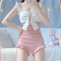 Bow Patchwork Swimsuit – Korean Ruffle One Piece Shorts