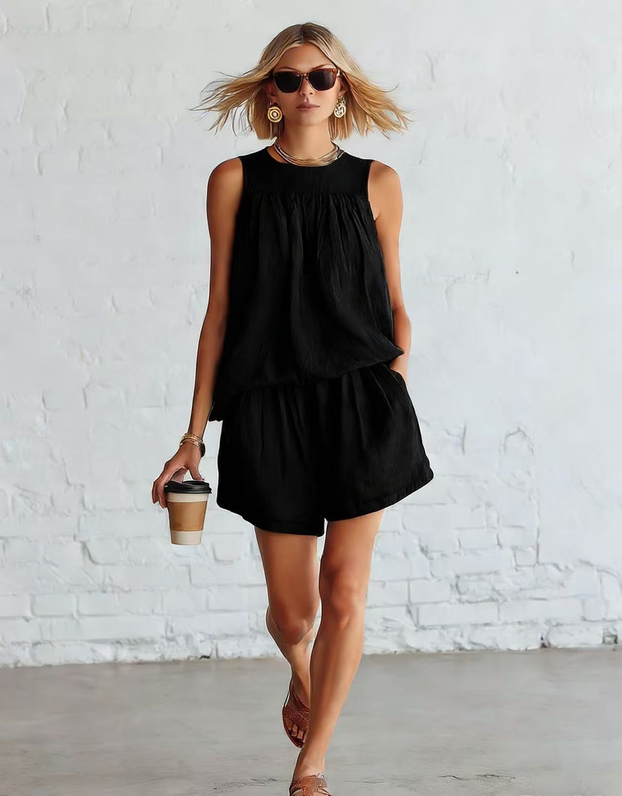 Women's Cotton-Linen Sleeveless Top & Wide-Leg Shorts Set – Retro Street Style