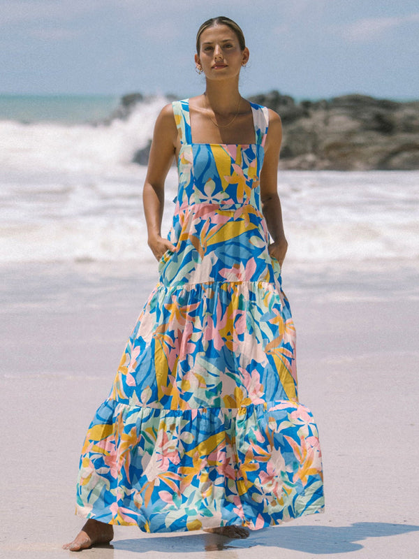 Blue and pink floral print bohemian holiday style beach dress loose suspender dress