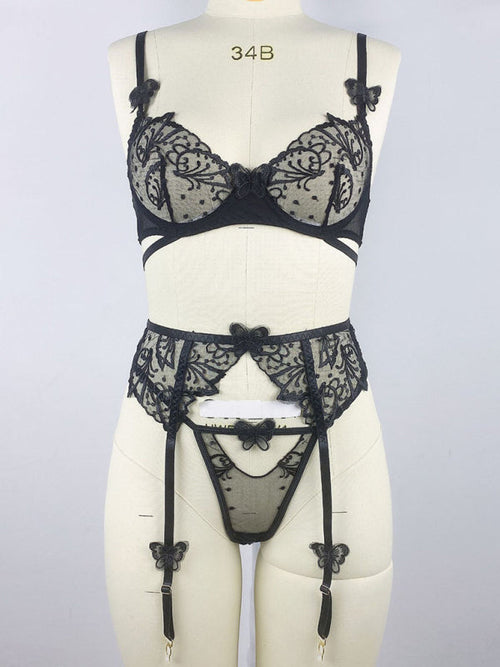 3D Butterfly Black Embroidery Sexy See-through Bra Panties Garter Sexy Lingerie Three-piece Set